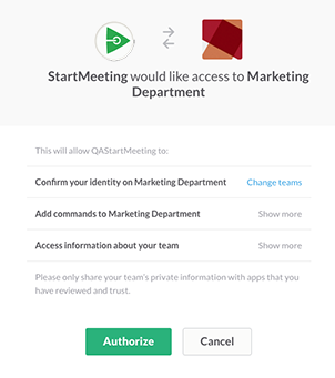 Authorize slack to access StartMeeting account page